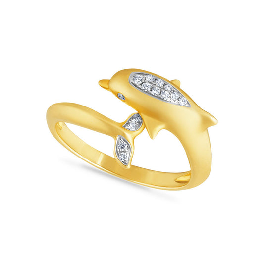 14K DOPLHIN RING WITH 15 DIAMONDS 0.09CT, 1/2 INCHES WIDE ON TOP