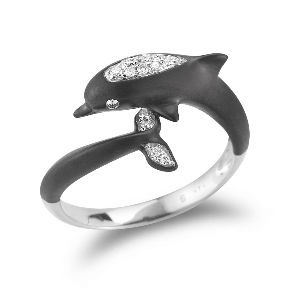 14K WHITE GOLD DOLPHIN RING WITH 15 DIAMONDS 0.09CT & BLACK RHODIUM 1/2 INCHES WIDE ON TOP