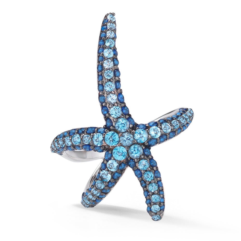 14K BLUE SAPPHIRE & BLUE TOPAZ STARFISH RING 1" WIDE ON TOP