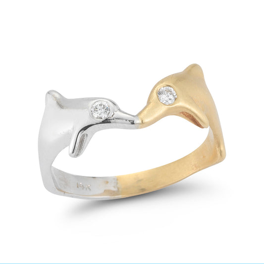 14K KISSING DOLPHINS RING 3/4" LONG ON TOP