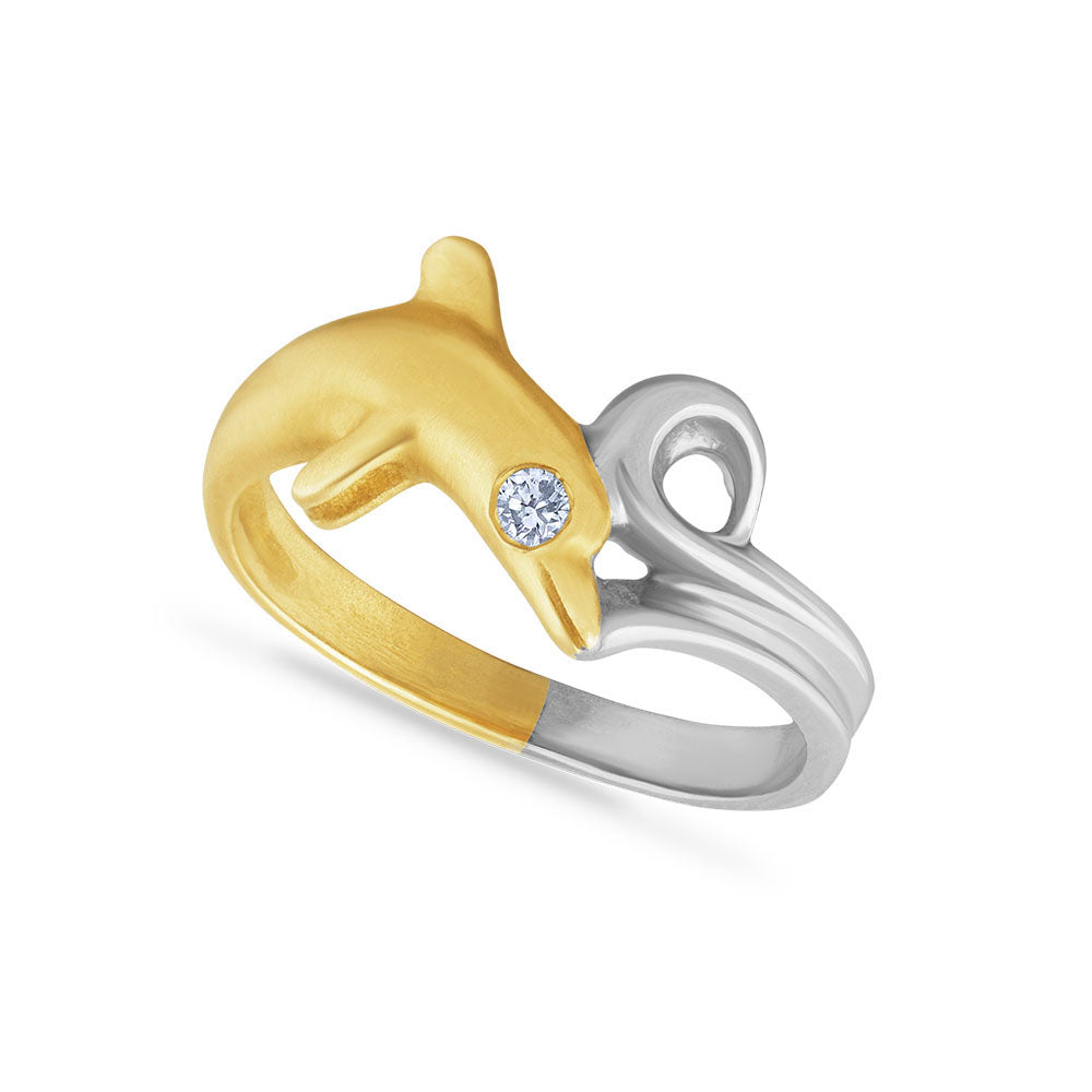 14K WHITE & YELLOW GOLD DOLPHIN RING WITH 0.03CT DIAMOND IN EYE