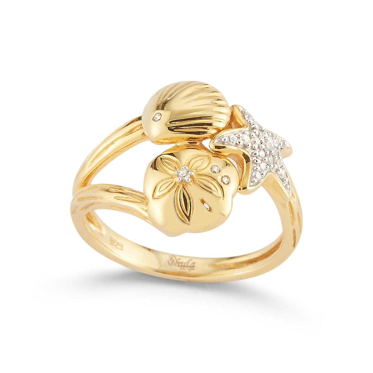 SEASHELL RING IN 14K TWO TONE AND 0.10CT T.W  IN DIAMONDS 3/4" WIDE ON TOP
