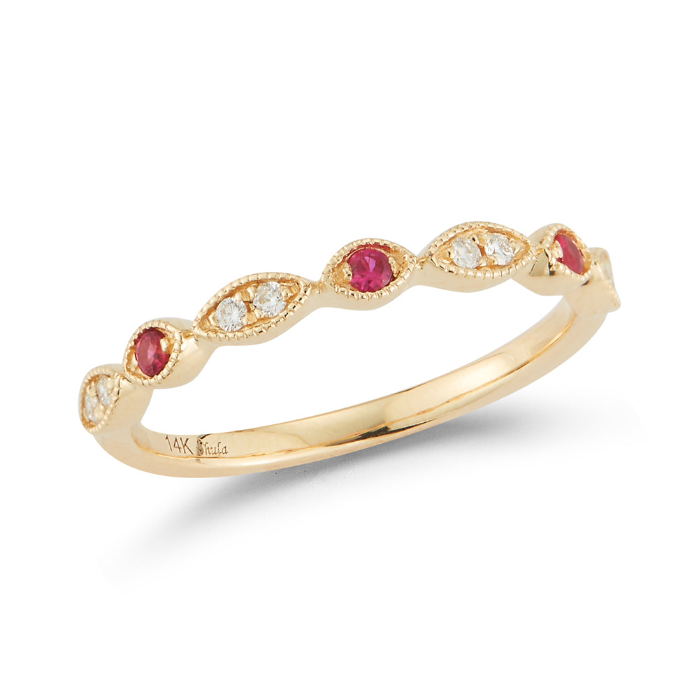 14K DIAMOND BAND FEATURING 8 DIAMONDS 0.08CT AND 3 RUBIES 0.06CT