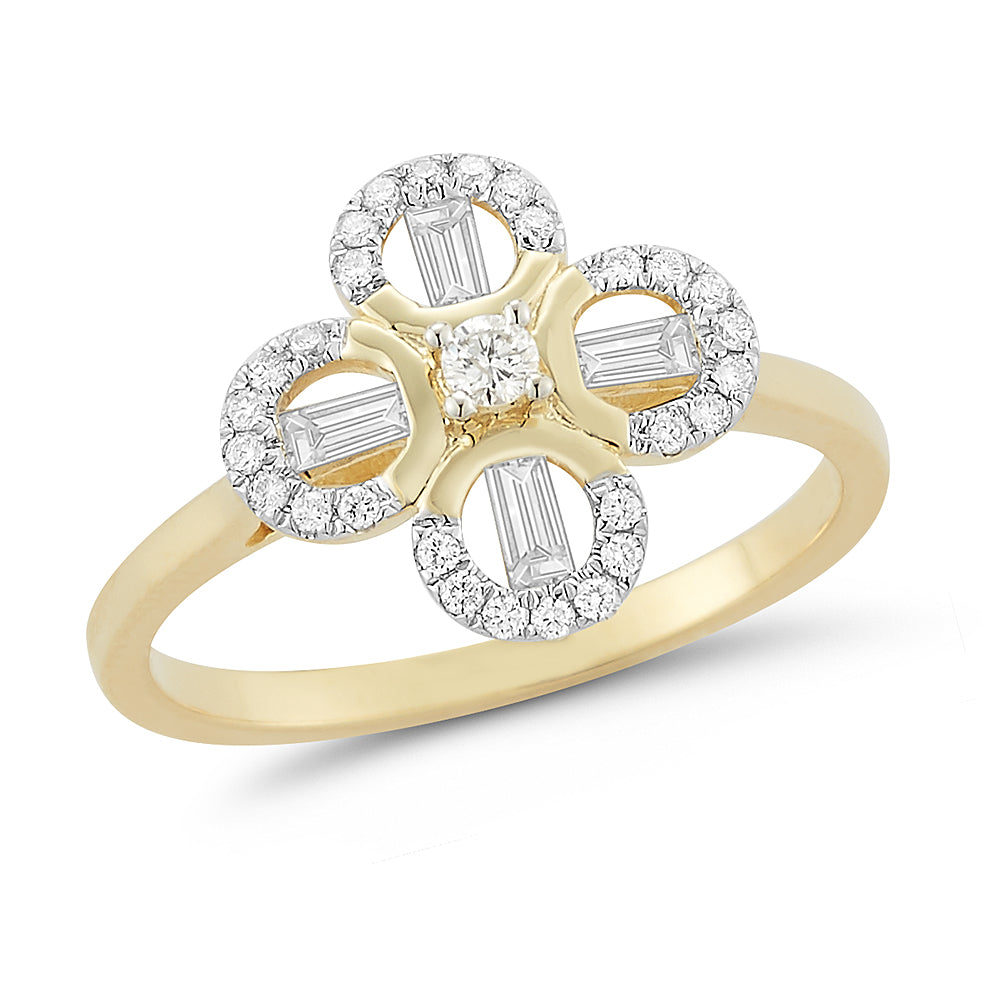 14K BEAUTIFUL FLOWER RING WITH ROUND & BAGUETTE DIAMONDS 0.20CT