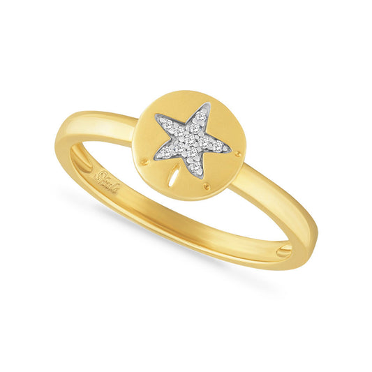 14K SAND DOLLAR RING WITH 0.05CT DIAMONDS. TOP 10.5MM WIDE