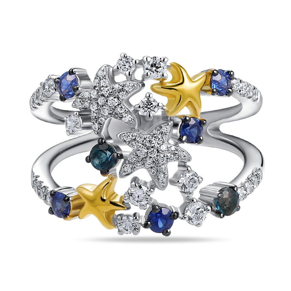14K COLORFUL RING WITH 7 SAPPHIRES 0.60CT & 63 DIAMONDS 0.44CT, AROUND 16MM
