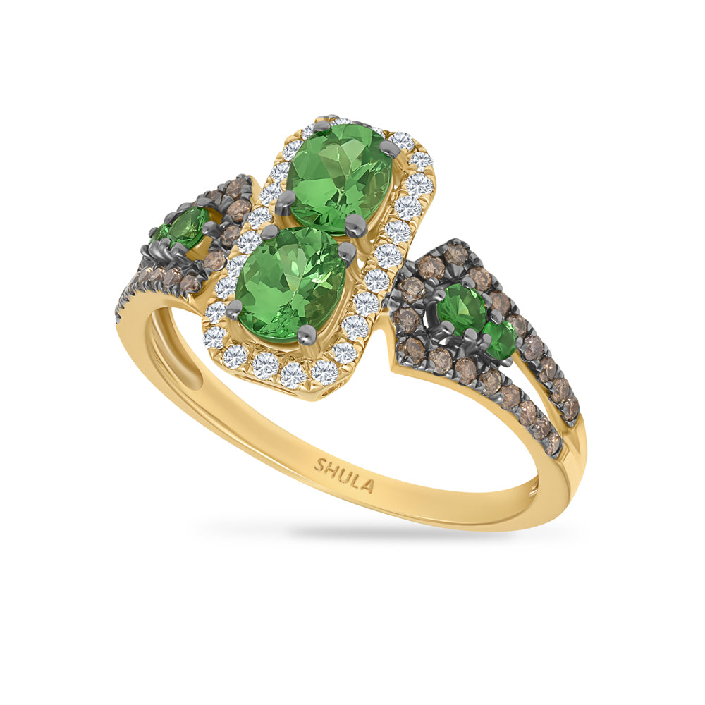 14K Y RING WITH 26 DIAMONDS 0.13CT, 6 GREEN GARNET 1.0CT & 38 BROWN DIA 0.21CT