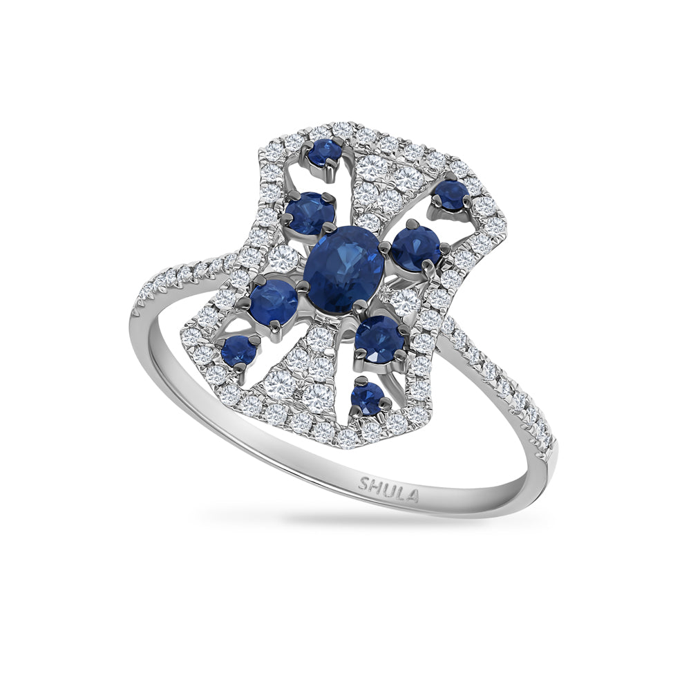 14K W RING WITH 9 SAPPHIRES 0.48CT & 70 DIAMONDS 0.24CT