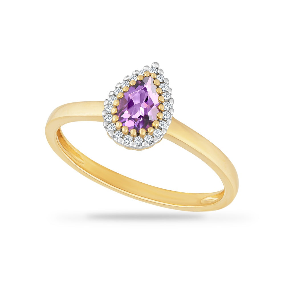 14K RING WITH PEAR SHAPE AMETHYST 0.40CT & 20 DIAMONDS 0.066CT
