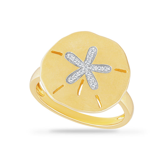 14K SAND DOLLAR RING SET WITH 16 DIAMONDS 0.09CT, 16.5MM
