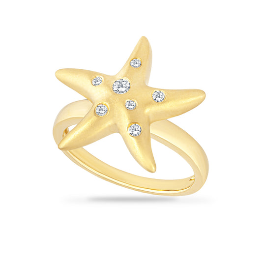 14K MATT FINISH STARFISH RING GYPSY SET WITH 7 DIAMONDS 0.13CT, 18MM