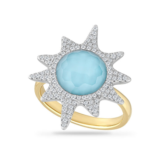 14K SUN RING WITH 0.40CT DIAMONDS, DOUBLET QUARTZ & BLUE TOPAZ, TOP DIAMETER 25.1MM