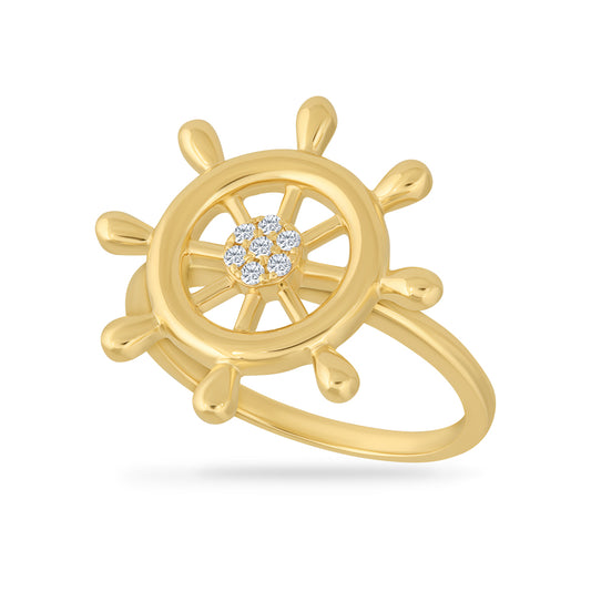 14K SHIPS WHEEL RING AROUND 18MM IN CIRCUMFERENCE 7 DIAMONDS 0.06CT