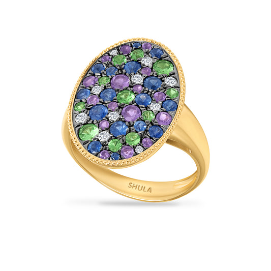 14K RING WITH SAPPHIRES, DIAMONDS , GREEN GARNETS & AMETHYSTS