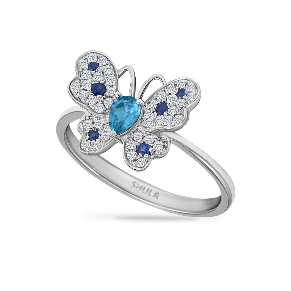 14K BUTTERFLY RING WITH 6 SAPPHIRES 0.06CT, 40 DIAMONDS 0.16CT & 1 BT 0.14CT