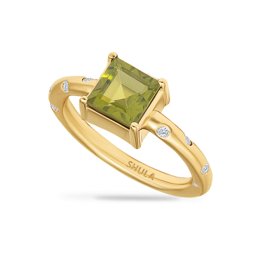 14K RING WITH 6MM SQUARE PERIDOT 1.40CT & 6 DIAMONDS 0.075CT